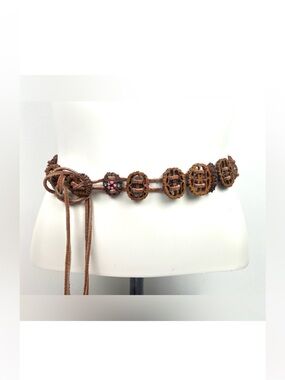 Vintage 70’s Woven Carved Walnut Shell Hippie Boho Leather  Tie Belt